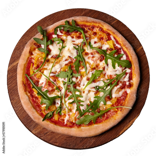 Delicious traditional Italian Margarita pizza with cheese, tomato sauce and herbs on a wooden board. Top view. Isolated