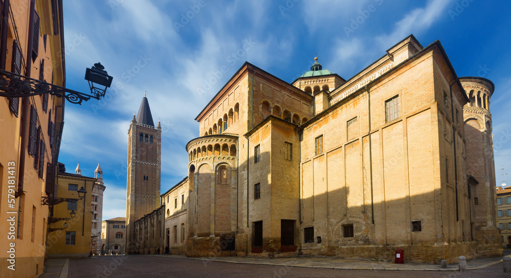 Image of view Ancient Piazza Duomo , cathedral and baptistery, Parma, Italy .