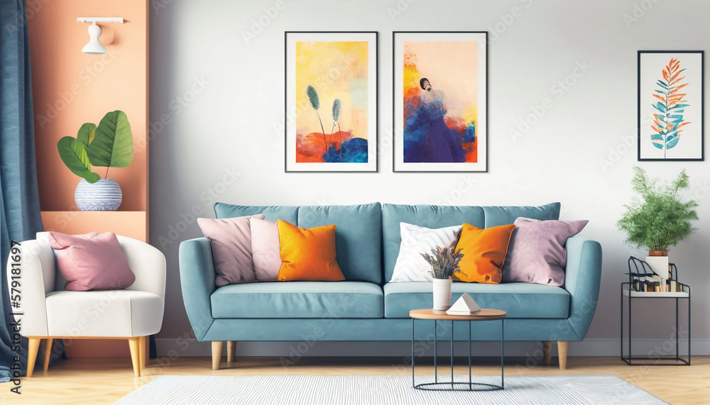 Fototapeta premium Cool Colorful Frames in living room interior