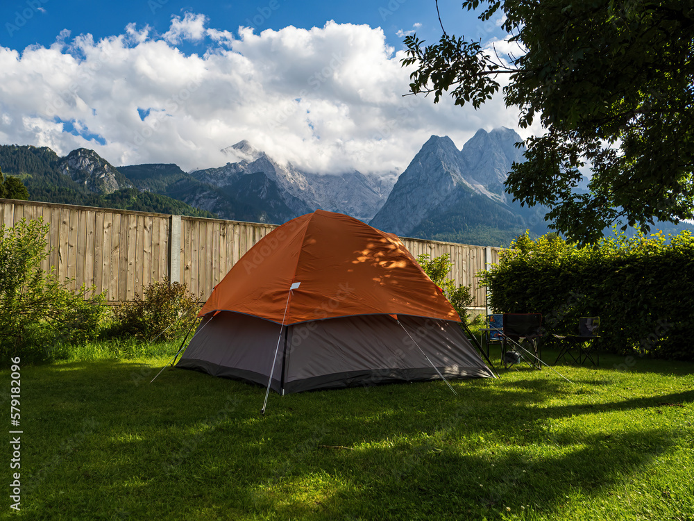 Camping with tent at the foot of Zugspitze, Germany