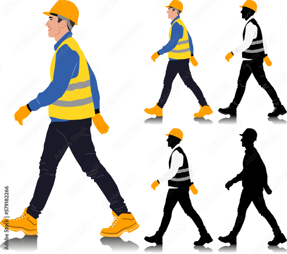 Construction worker walking wearing helmet and vest. Different color options. Hand-drawn vector illustration isolated on white. Full length view	