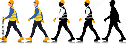 Construction worker walking wearing helmet and vest. Different color options. Hand-drawn vector illustration isolated on white. Full length view	