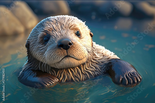 3D cute sea otter cartoon. Generative AI © Kanisorn