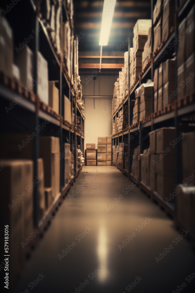 Gnerative ai image of a large warehouse full of iron shelves with brown cardboard boxes