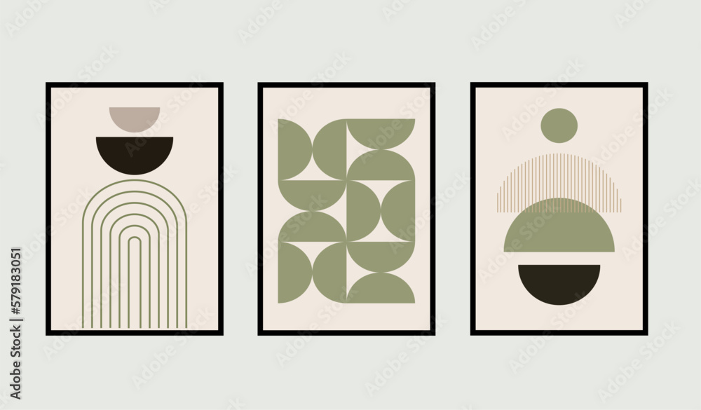 Set of trendy contemporary abstract creative hand painted compositions for wall decoration, postcard or brochure cover design in vintage style art. EPS10 vector.