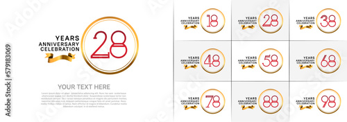 set of anniversary logotype red color in golden circle and ribbon for special celebration event