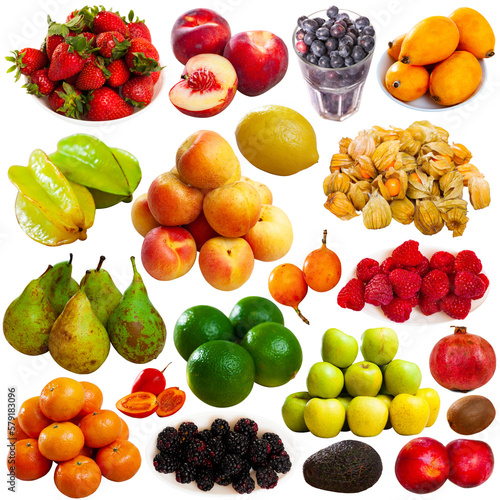 Collage of assorted ripe fresh fruits isolated on white
