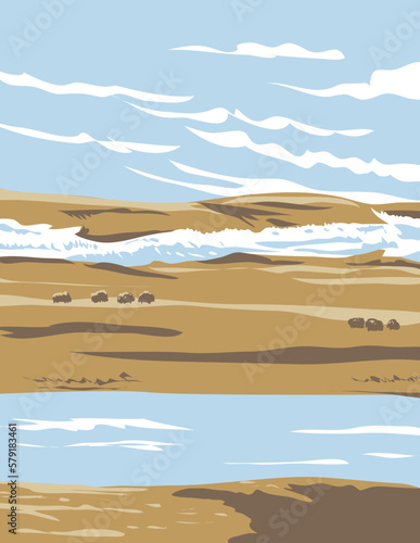 WPA poster art of Aulavik National Park located on Banks Island along the Thomsen River in the Northwest Territories of Canada done in works project administration or federal art project style.