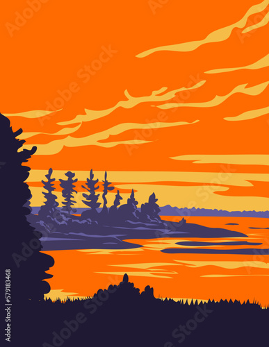 WPA poster art of Cedar Springs, Beausoleil Island within Georgian Bay Islands National Park in Georgian Bay, near Port Severn, Ontario, Canada done in works project administration. photo