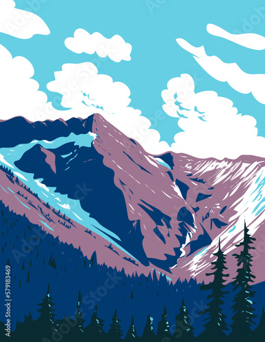 WPA poster art of Illecillewaet Glacier in Selkirk Mountains within the Glacier National Park in British Columbia, Canada done in works project administration. photo