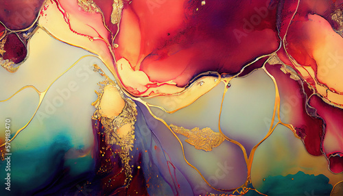 Liquid Abstrct red and Gold Alcohol Ink Painting Background AI Generative