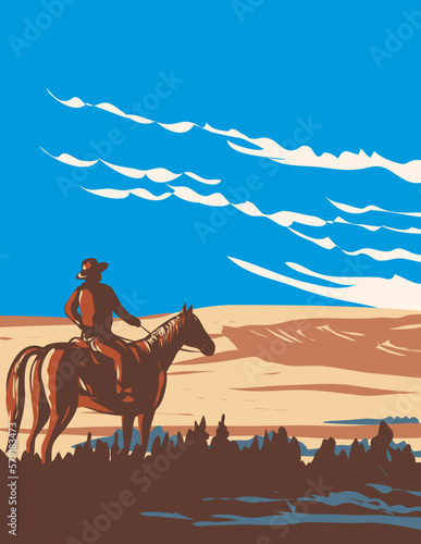 WPA poster art of cowboy and horse at West Block of Grasslands National Park located near the village of Val Marie, Saskatchewan, Canada done in works project administration.
 photo