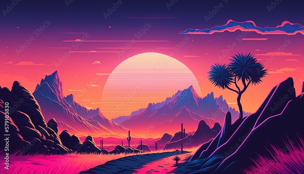 Synthwave style landscape with road, mountains, and sunset, Generative AI
