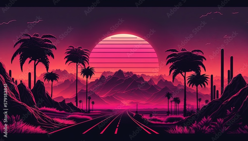 Naklejka premium Synthwave style landscape with road, mountains, and sunset, Generative AI