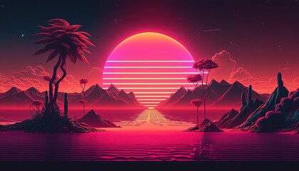 Leinwandbilder Rosa Synthwave style landscape with mountains and sunset, Generative AI   © Kaleb