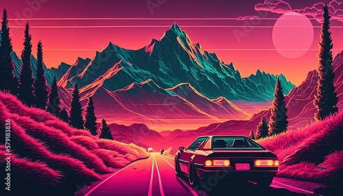 Synthwave style landscape with road, mountains, Generative AI 