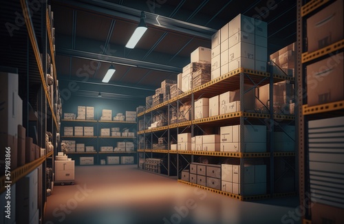 Company warehouse with shelves and boxes, shed for cargo storage, Generative AI photo