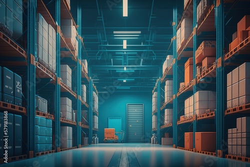 Fotografia Company warehouse with shelves and boxes, shed for cargo storage, Generative AI