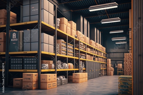 Fototapeta Company warehouse with shelves and boxes, shed for cargo storage, Generative AI