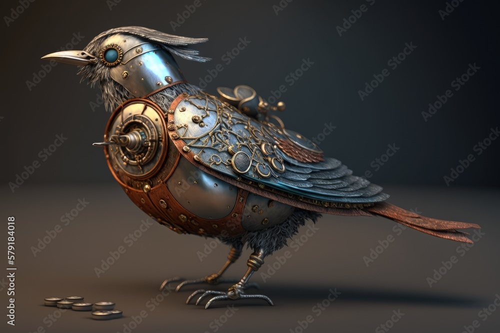 Steampunk mechanical bird, metallic bird, Generative AI Steampunk mechanical bird, metallic bird, Generative AI