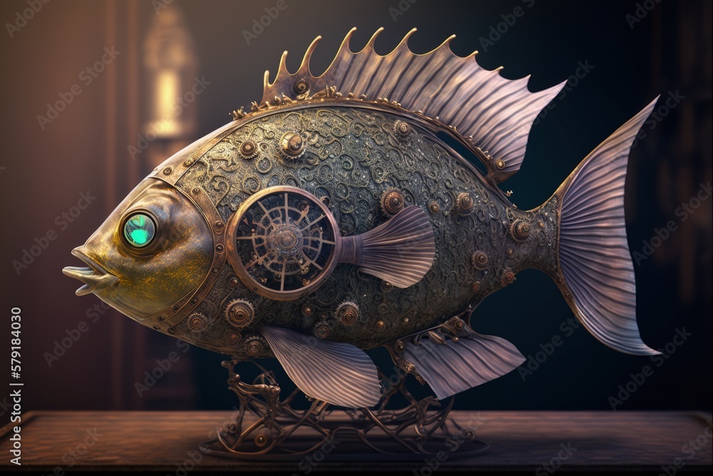 Steampunk mechanical fish, metallic fish, Generative AI Steampunk mechanical fish, metallic fish, Generative AI