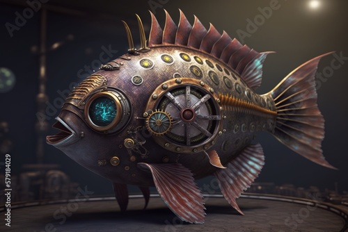 Steampunk mechanical fish, metallic fish, Generative AI