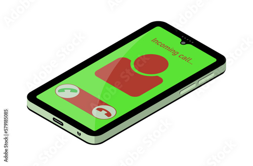 3d isometric green black smartphone incoming call screen vector on white background. Phone illustration with reflection to use in communication, business, connection, digital technology projects. 