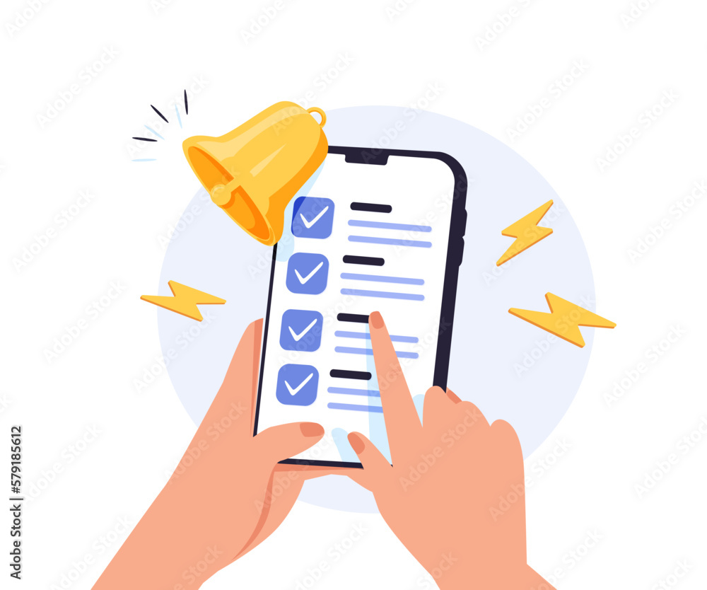 Hand holding mobile smart phone with checklist app. Time management successful completion of business tasks. Reminder - obrazy, fototapety, plakaty 