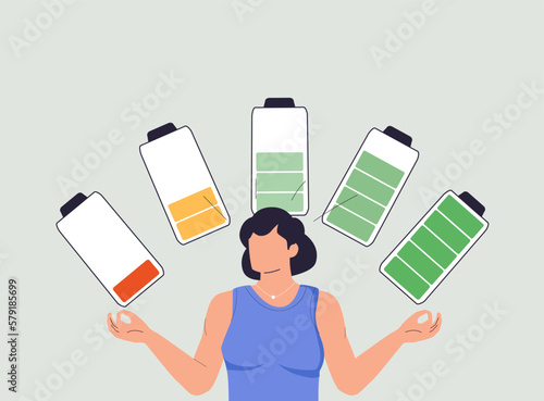 Vital energy, human energy boost concept. Happy character a high level of life battery charge indicator. Active person