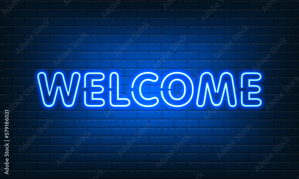 Neon sign Welcome with glass on brick wall background. Vintage blue electric signboard with bright neon lights. Drink Night Club. Bar neon sign light falls. Vector illustration