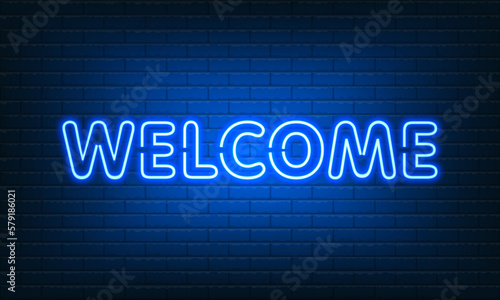 Neon sign Welcome with glass on brick wall background. Vintage blue electric signboard with bright neon lights. Drink Night Club. Bar neon sign light falls. Vector illustration