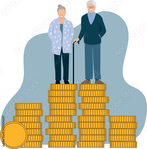 Illustration vectorielle montrant un couple de retraités debout sur un tas de pièces de monnaie. Symbole d'une pension de retraite confortable. Personnes âgées riches.