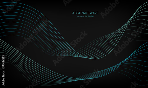 Abstract wave element for design on black background. Colorful gradient shiny waves with lines. Digital frequency track equalizer. Curved wavy line. Smooth stripe. Stylized art. Modern design. Vector.