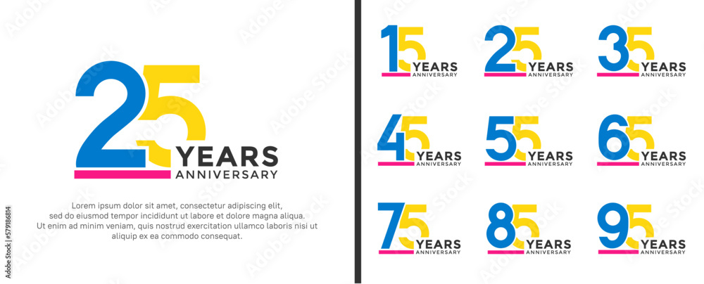 set of anniversary logo style blue and yellow color on white background for celebration set of anniversary logo style blue and yellow color on white background for celebration