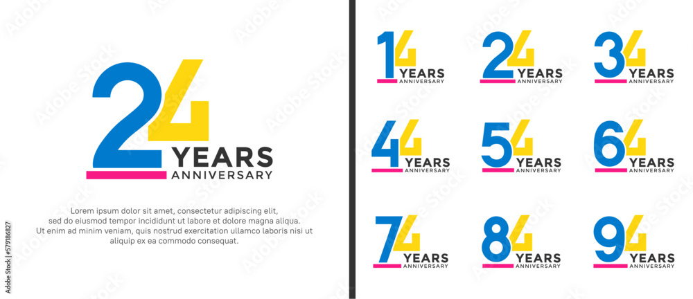 set of anniversary logo style blue and yellow color on white background for celebration