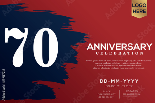 70 years anniversary celebration vector with blue brush isolated on red background with text template design