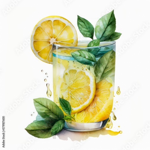 Glass of fresh lemonade. Watercolor illustration of a glass of water decorated with mint and lemon. Generative AI art.