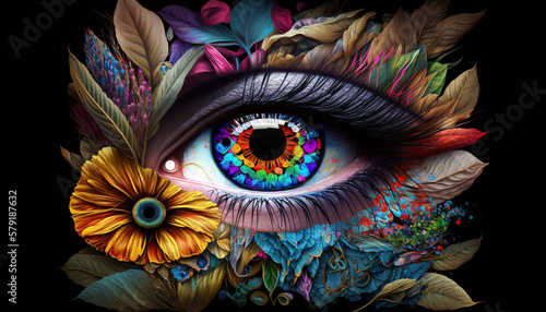 Eye wrapped in flowers, human iris, Generative AI