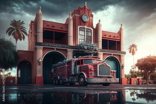 Tour Moscow and St Petersburg's Epic Fire Station with Dragon-like Fire Truck, Unreal Engine 5, and Hyper-detailed Architecture amid a Stunning Night Scene! , Generative ai photo