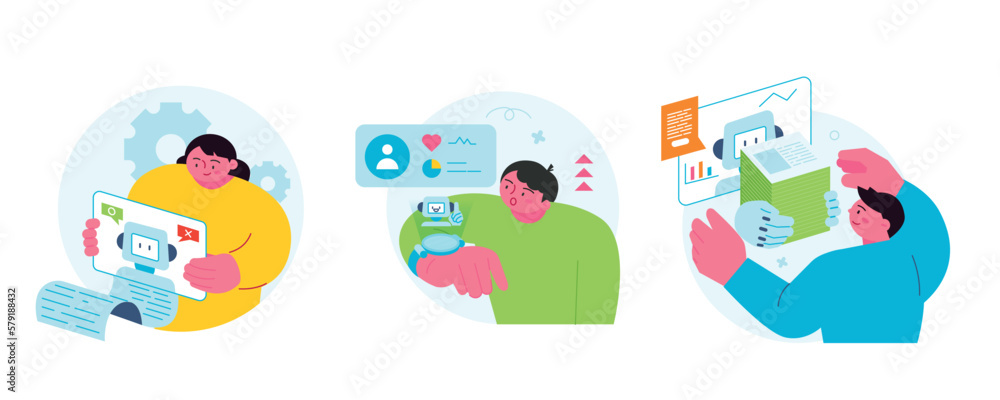 The Age of AI. Intelligence Meets Technology. Business concept illustration with people and icons. People using various devices.