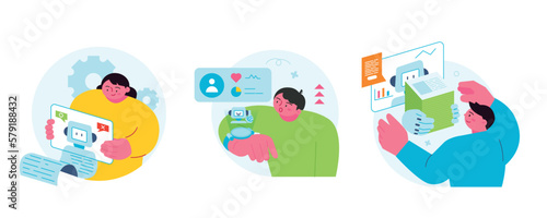 The Age of AI. Intelligence Meets Technology. Business concept illustration with people and icons. People using various devices.