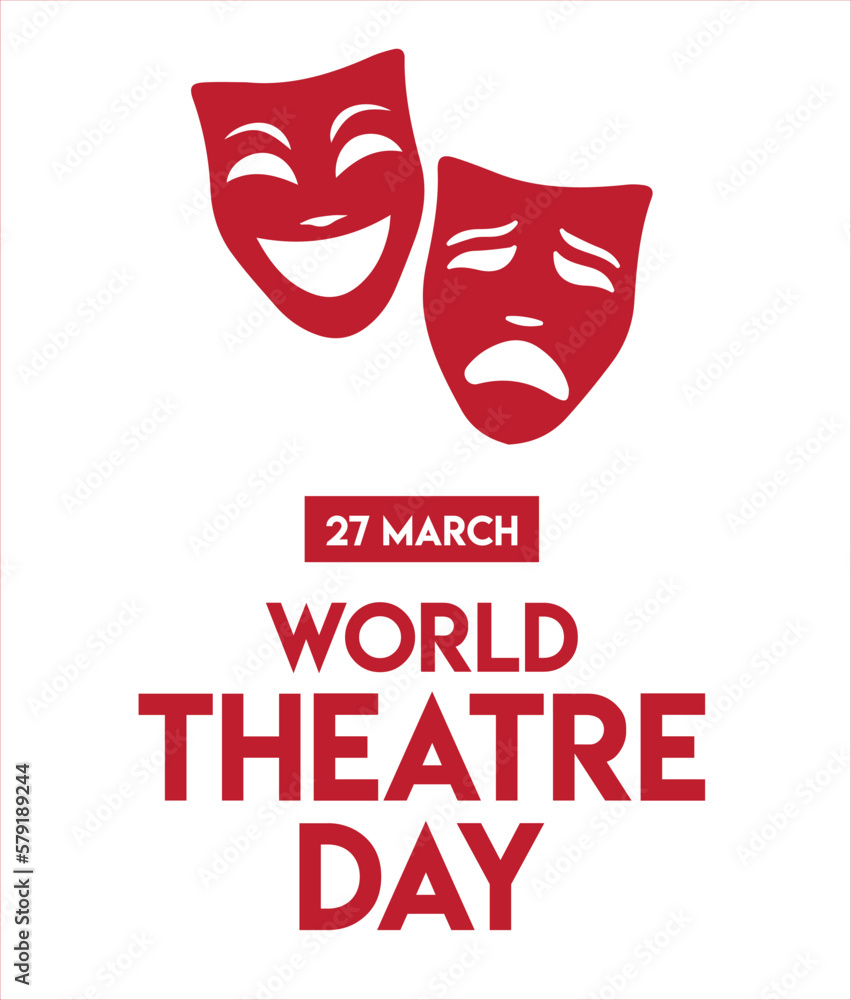 March 27, World theatre day, concept greeting card, with curtains and Scene with red velvet curtain, theatrical masks. Template, vector, illustration.
 - obrazy, fototapety, plakaty 
