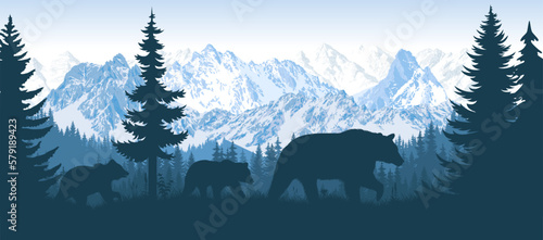 vector mountains forest woodland background with black bear family