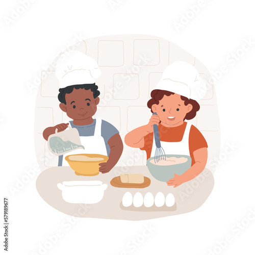 Learn basic cooking isolated cartoon vector illustration. Cooking class for toddler, pouring and mixing basic skill, kindergarten activity, make food together, early education vector cartoon.