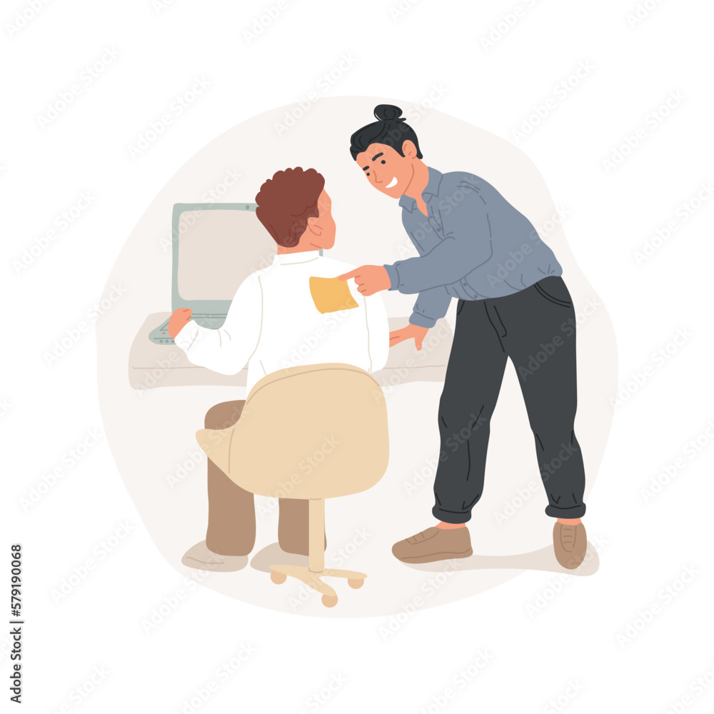 Office jokes isolated cartoon vector illustration. Laughing man pasting a sticker on the back of his co-worker in office, public holiday, having fun on Fools day together vector cartoon. Office jokes isolated cartoon vector illustration. Laughing man pasting a sticker on the back of his co-worker in office, public holiday, having fun on Fools day together vector cartoon.