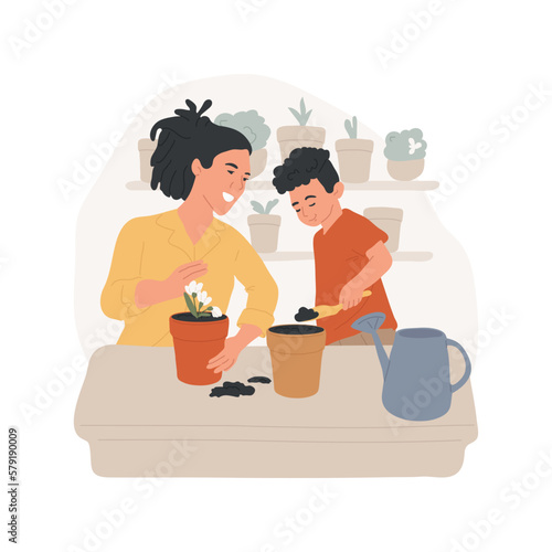 Planting flowers isolated cartoon vector illustration. Smiling mother and child replanting flower in new pot, people preparing for Earth Day celebration, family activity vector cartoon.