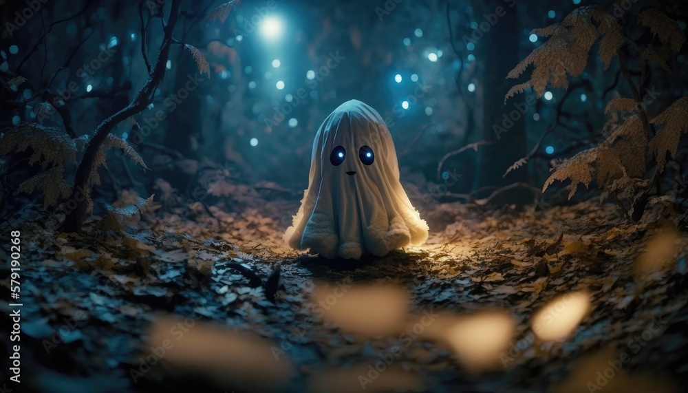 Cute funny ghost in a forest. Created with Generative AI. Cute funny ghost in a forest. Created with Generative AI.