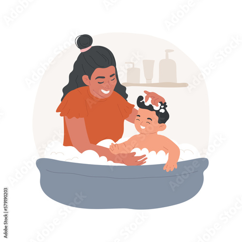 Bathing a baby isolated cartoon vector illustration. Mom bathing a baby with pleasure, family lifestyle, kids hygiene rules, peaceful childhood, water treatment, daily routine vector cartoon.