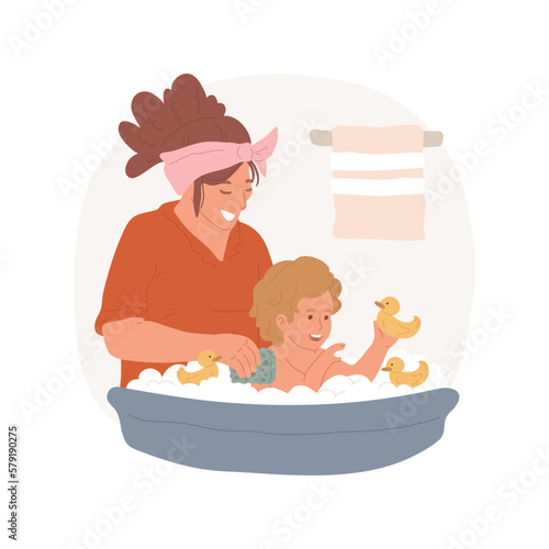 Bathing a toddler isolated cartoon vector illustration. Smiling mom bathing a toddler, kids playing with duck toys, family lifestyle, baby hygiene rules, happy childhood vector cartoon.