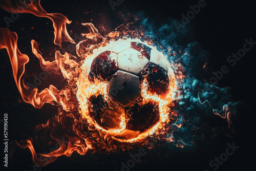 Fiery Soccer Ball In Goal With Net In Flames. Generative AI photo